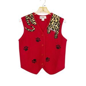 Lisa International Boiled Wool VEST Red Cheetah Jaguar Animal Paw Print Sz S